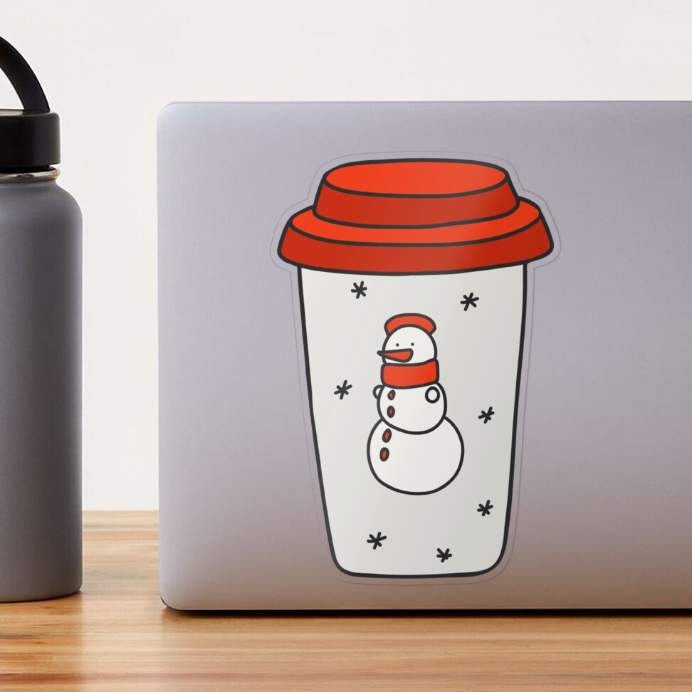 Sticker for Sale avec l'œuvre « Boisson d'hiver et de Noël dans un gobelet  jetable avec bonhomme de neige et couvercle rouge » de l'artiste  LDTreasures