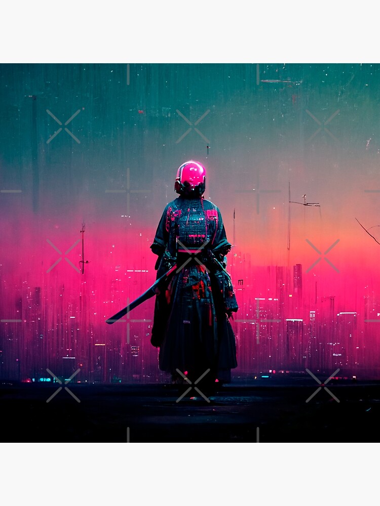 NEO TOKIO CITY FUTURISTIC SAMURAI WARRIOR ANDROID CYBERPUNK RETRO WAVE  colorful pink blue glowing neon lights | Metal Print