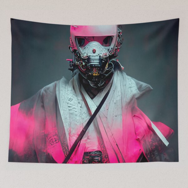 Item preview, FUTURISTIC SAMURAI WARRIOR ANDROID HELMET CYBERPUNK RETRO WAVE colorful pink dust glowing neon lights designed and sold by DRK7DSGN.