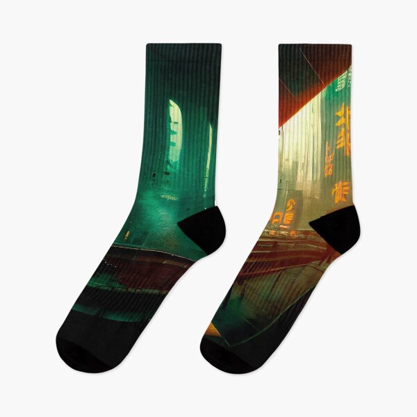 Item preview, CIUDAD FUTURISTA NEO TOKIO CYBERPUNK RETRO WAVE verde naranja brillante luces de neón designed and sold by DRK7DSGN.