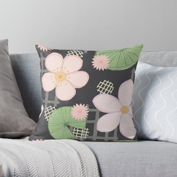 Zen Floral - Cherry Blossoms, Water Lilies and Lily Pads Throw Pillow