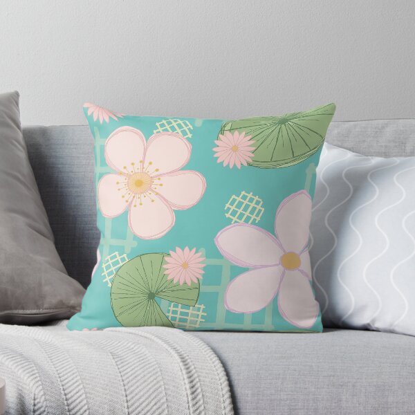 Zen Floral - Cherry Blossoms, Water Lilies and Lily Pads Throw Pillow