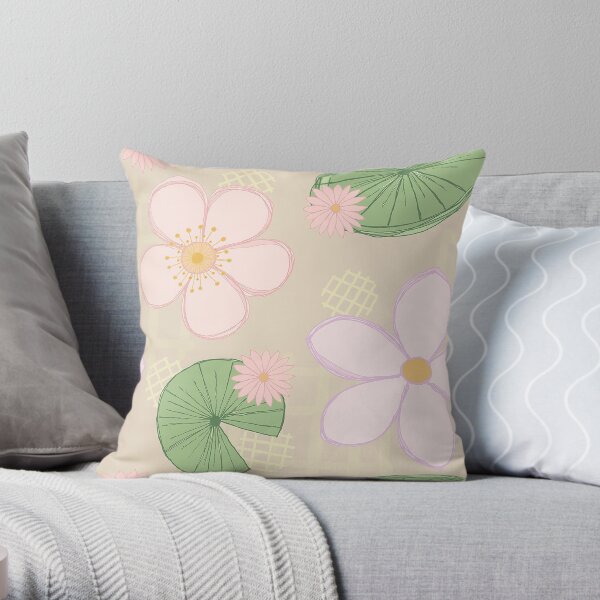 Zen Floral - Cherry Blossoms, Water Lilies and Lily Pads - Beige Throw Pillow