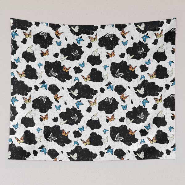 Artikelvorschau, Schmetterlinge auf Schwarzweiss-Kuh-Druck-Muster entworfen und verkauft von CJAura by Claire Jane Johnson.