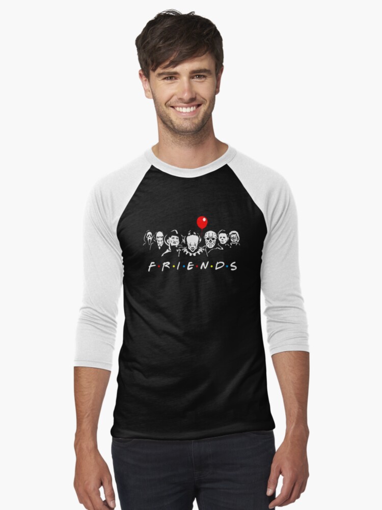 Aperçu 1 sur 3. T-shirt baseball manches ¾ avec l'œuvre Halloween Friends Personnages de films d'horreur classiques 2022 créée et vendue par Renocrazed.