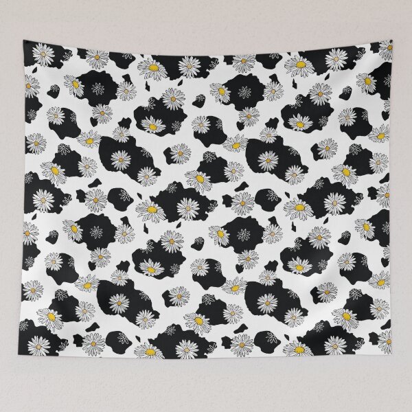 Artikelvorschau, Weiße Gänseblümchen auf Schwarzweiss-Kuh-Druck-Muster entworfen und verkauft von CJAura by Claire Jane Johnson.