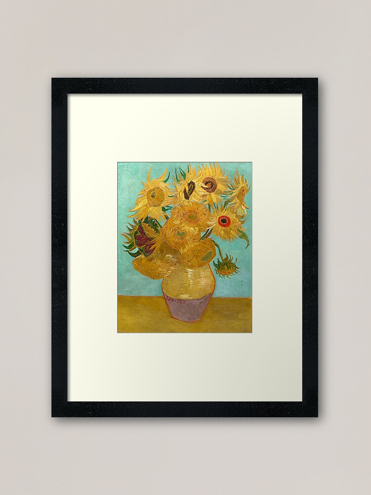 Aperçu 1 sur 7. Impression encadrée avec l'œuvre Vase avec douze tournesols par Vincent Van Gogh 1889 créée et vendue par fineearth.