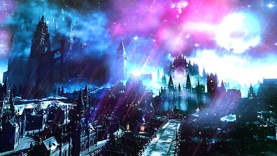 fantasy landscape a gothic city with a vaporwave sky posters by