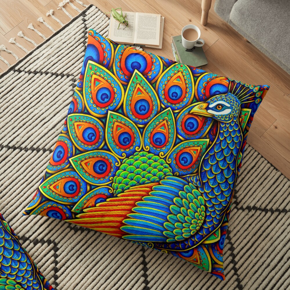 Colorful Paisley Peacock Rainbow Bird Floor Pillow