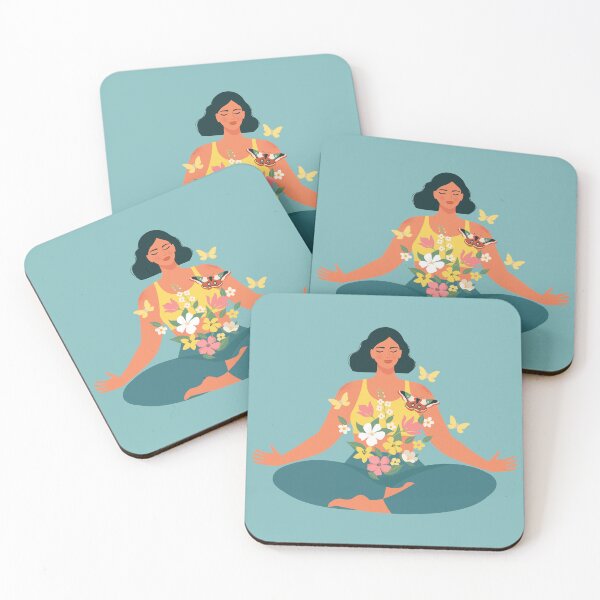 Item preview, Mindfulness, meditation and yoga background in pastel vintage colors with women sit with crossed legs and meditate illustration. designed and sold by AngelinaBambina.
