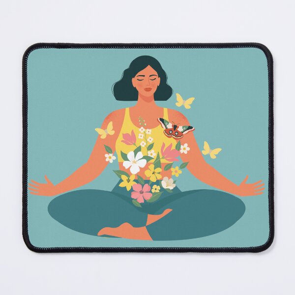 Artikelvorschau, Achtsamkeit, Meditation und Yoga-Hintergrund in pastellfarbenen Vintage-Farben mit Frauen sitzen mit gekreuzten Beinen und meditieren Illustration. entworfen und verkauft von AngelinaBambina.