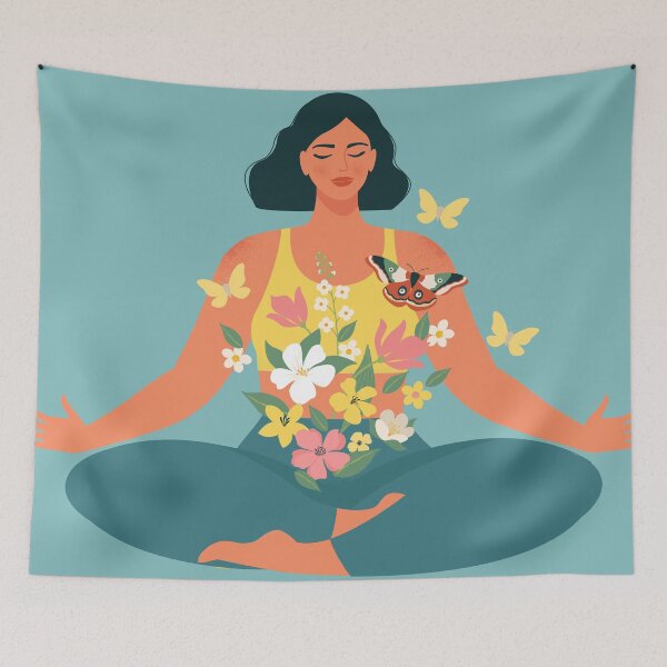 Item preview, Mindfulness, meditation and yoga background in pastel vintage colors with women sit with crossed legs and meditate illustration. designed and sold by AngelinaBambina.