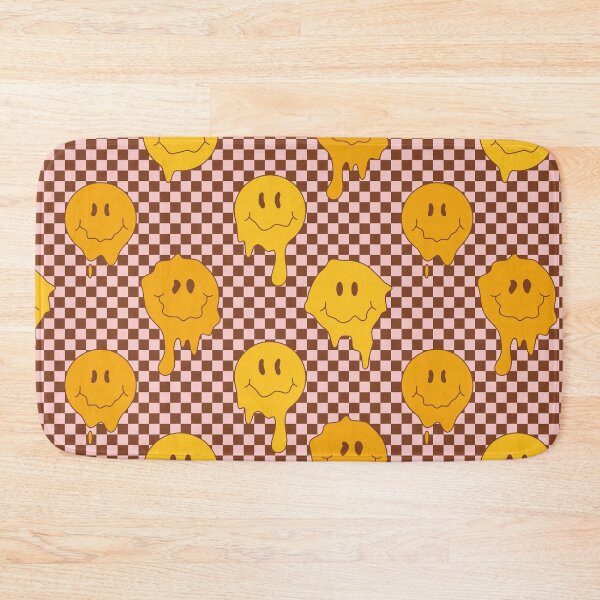 Item preview, Hippie groovy melting smile faces on checkered background with distorted squares. Psychedelic Melted Smiley Face pattern.  designed and sold by CoCoArt-Ua.