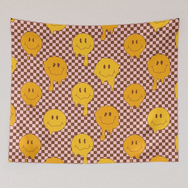 Item preview, Hippie groovy melting smile faces on checkered background with distorted squares. Psychedelic Melted Smiley Face pattern.  designed and sold by CoCoArt-Ua.