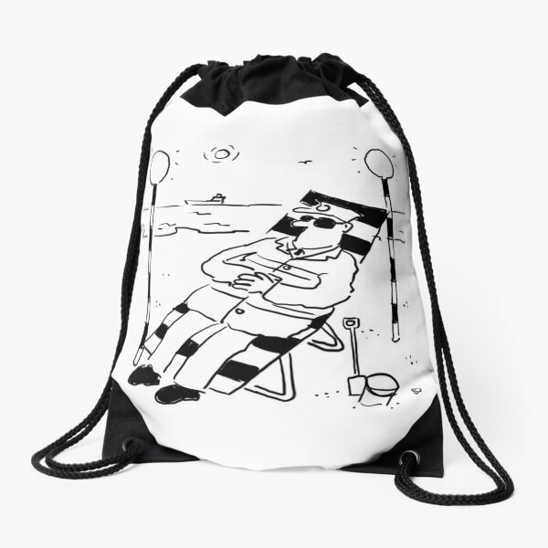 Surreal Lollipop Man Sunbathing on the Beach Drawstring Bag