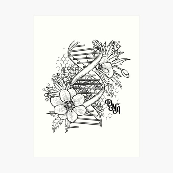 Graphic DNA structure with floral design Art Print