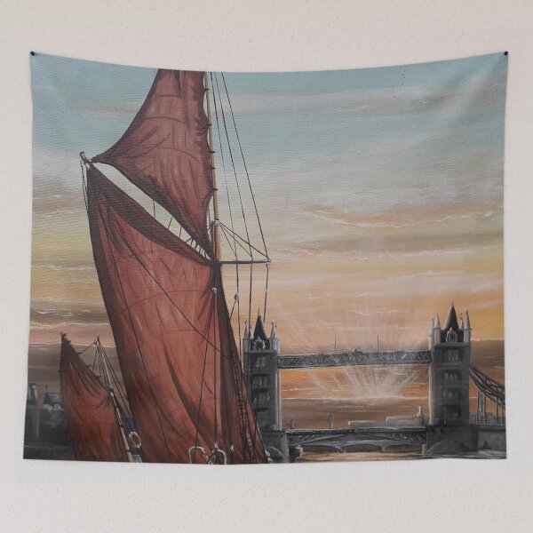 Item preview, SAILING BARGE DANNEBROG AND TOWER BRIDGE AT SUNSET designed and sold by Mackenzie Moulton International Artist .