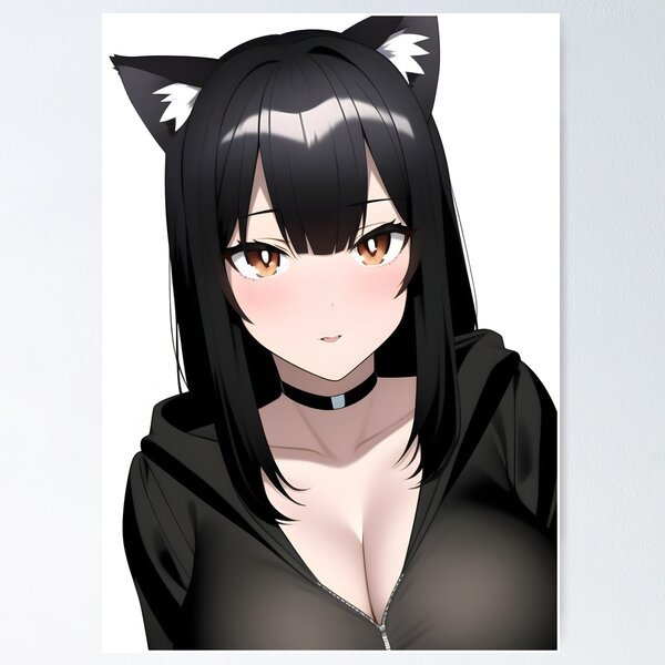 Kawaii Anime Neko Cat Girl in Black Hoodie Poster for Sale by