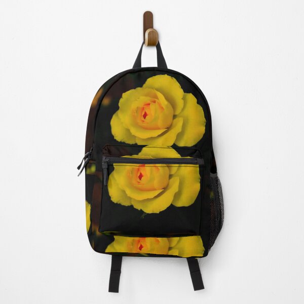 Item preview, single yellow rose blossom with red center on black background designed and sold by kall3bu.