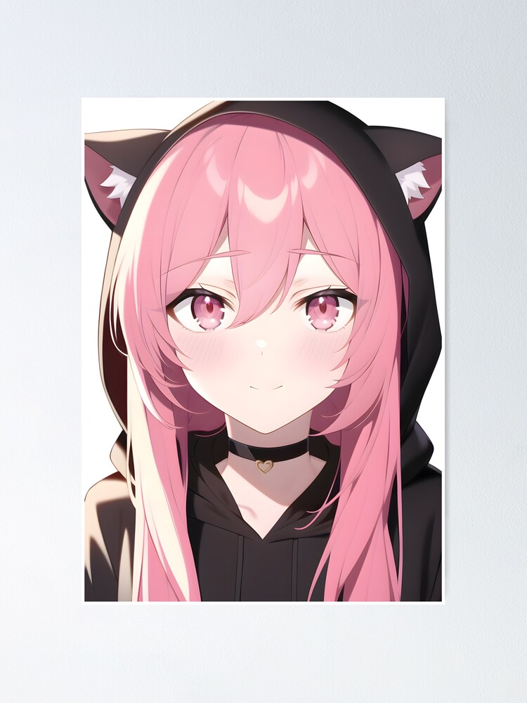 Kawaii Anime Neko Cat Girl in Black Hoodie Poster for Sale by