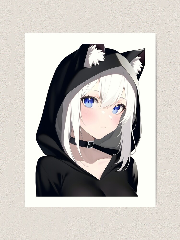 Kawaii Anime Neko Cat Girl With white hair | Art Print