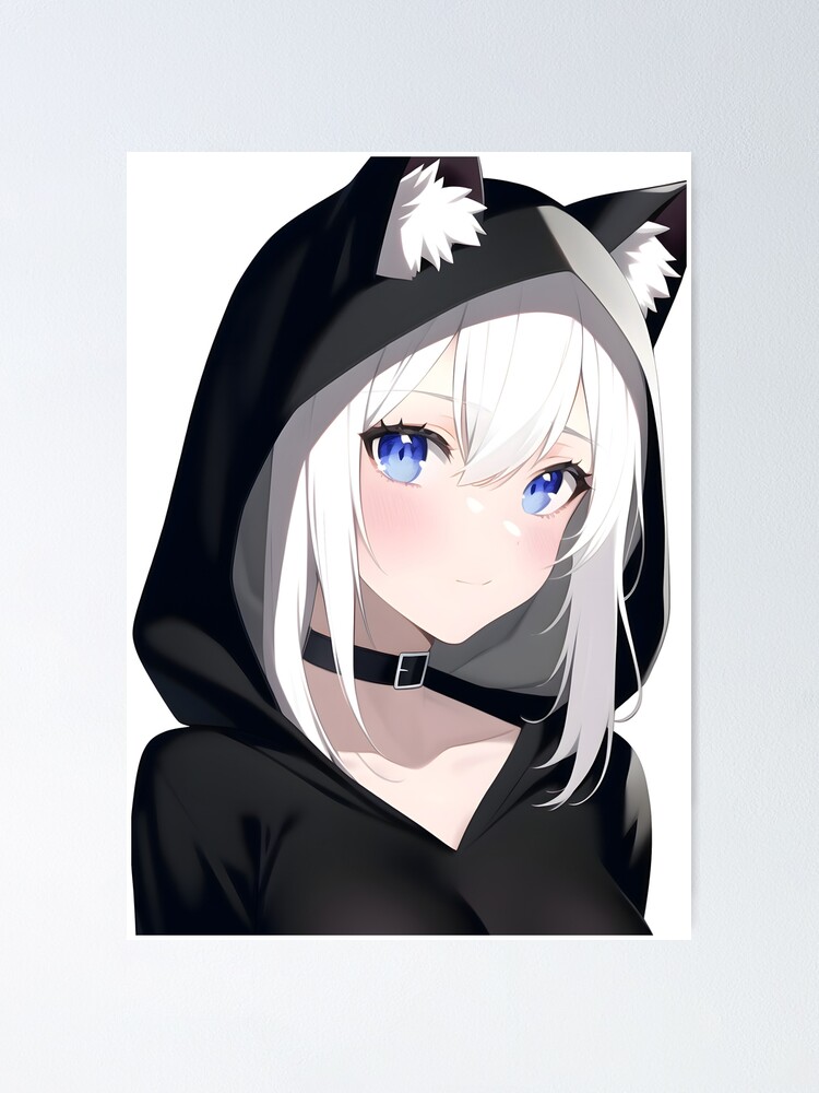 Kawaii Anime Neko Cat Girl With white hair | Poster