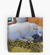 Sleeping Sylvie The Wonder Dog...on Mom's Bed! Tote Bag