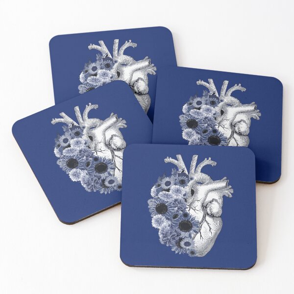 Item preview, Human Heart with blue flowers, watercolor blue daisies and sunflowers, Heart, anatomical Human heart designed and sold by Collagedream.