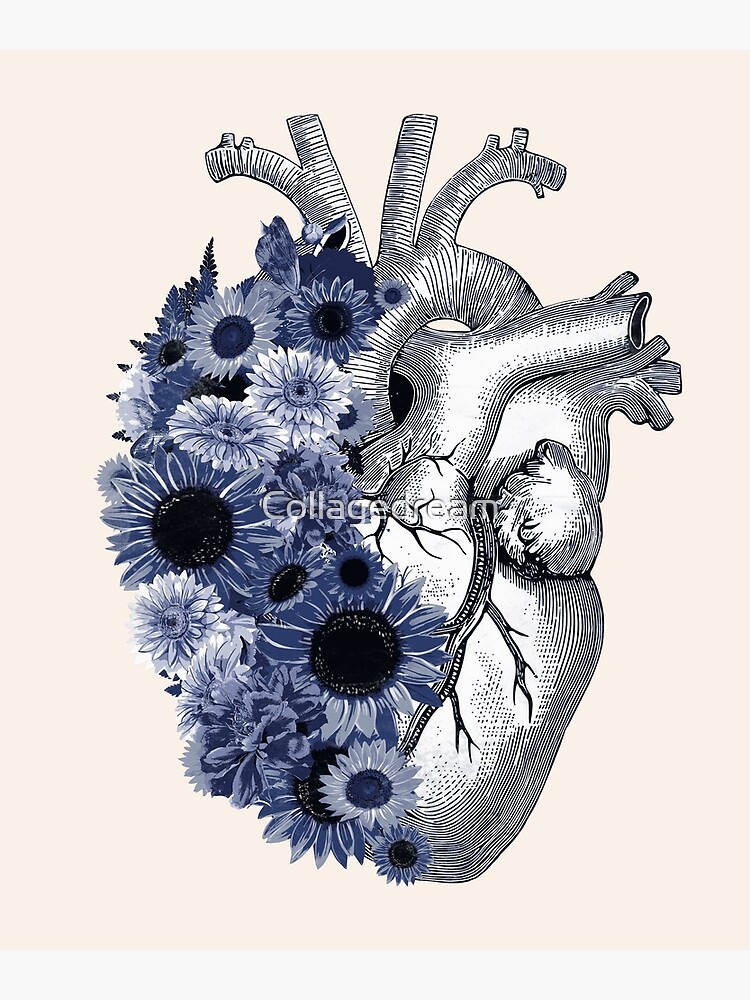 Human Heart With Blue Flowers Watercolor Blue Daisies And Sunflowers Heart Anatomical Human 3913
