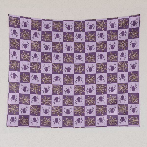 Item preview, purple and yellow checked spiders and webs print designed and sold by DemonicGloom.