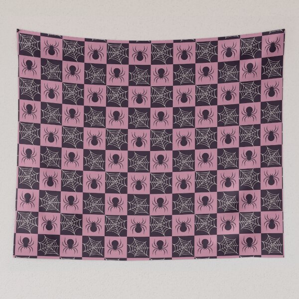 Item preview, soft pink checked spiders and webs print designed and sold by DemonicGloom.