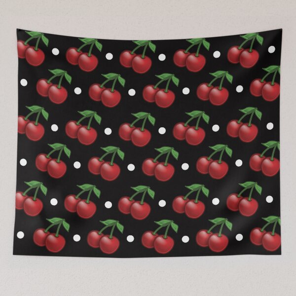 Item preview, Cherries And White Polka Dots Pattern On Black Background designed and sold by burbankdesigns.
