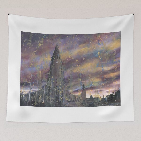 Item preview, Hallgrimskirkja church in downtown Reykjavik at sunset.  Watercolor painting Iceland  designed and sold by rfoxphoto.