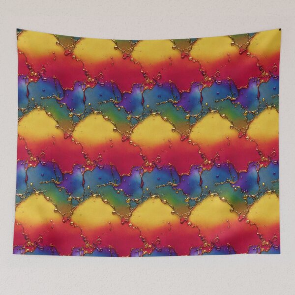 Item preview, Rainbow colors ink design with gold 3d ink drop and trickle accents  wavy  psychedelic pattern designed and sold by ClairesPatterns.