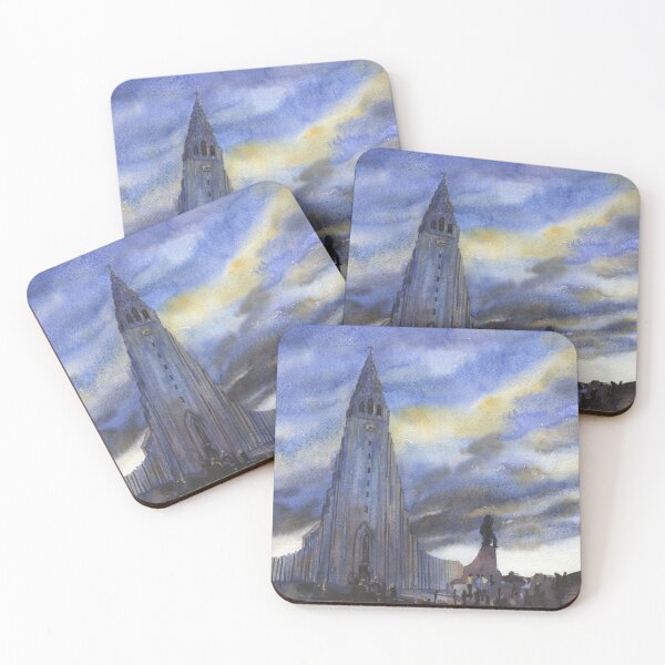 Item preview, Hallgrimskirkja church in downtown Reykjavik at sunset.  Watercolor painting Iceland  designed and sold by rfoxphoto.