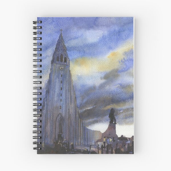Item preview, Hallgrimskirkja church in downtown Reykjavik at sunset.  Watercolor painting Iceland  designed and sold by rfoxphoto.