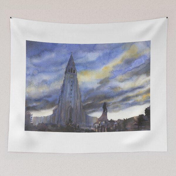 Item preview, Hallgrimskirkja church in downtown Reykjavik at sunset.  Watercolor painting Iceland  designed and sold by rfoxphoto.