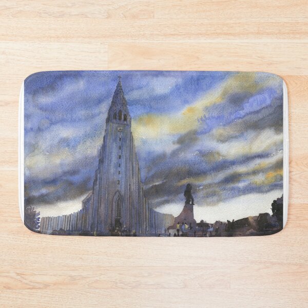 Item preview, Hallgrimskirkja church in downtown Reykjavik at sunset.  Watercolor painting Iceland  designed and sold by rfoxphoto.