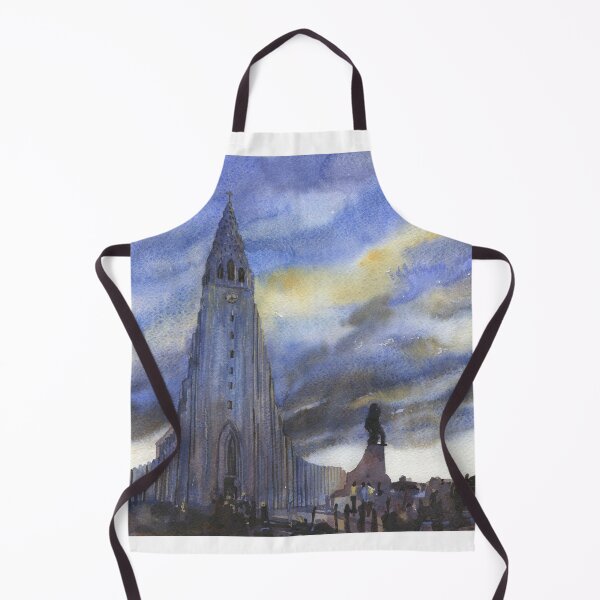 Item preview, Hallgrimskirkja church in downtown Reykjavik at sunset. Watercolor painting Iceland designed and sold by rfoxphoto.