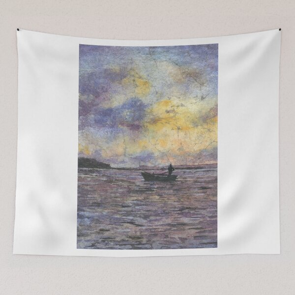 Item preview, Jamaican fisherman in Montego Bay at sunet.  Watercolor batik nautical artwork Jamaica  designed and sold by rfoxphoto.