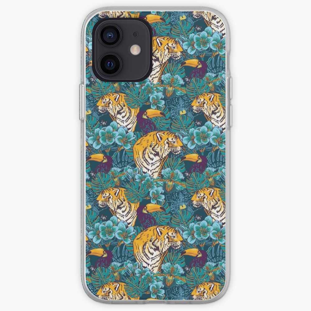 Tropical Pattern with Tiger, Toucan and Flowers // Blue Green Print iPhone Case & Cover