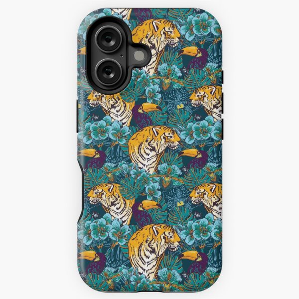 Aperçu de l'œuvre Modèle tropical avec tigre, toucan et fleurs / / bleu vert imprimé créée et vendue par Magnetic Pajama.
