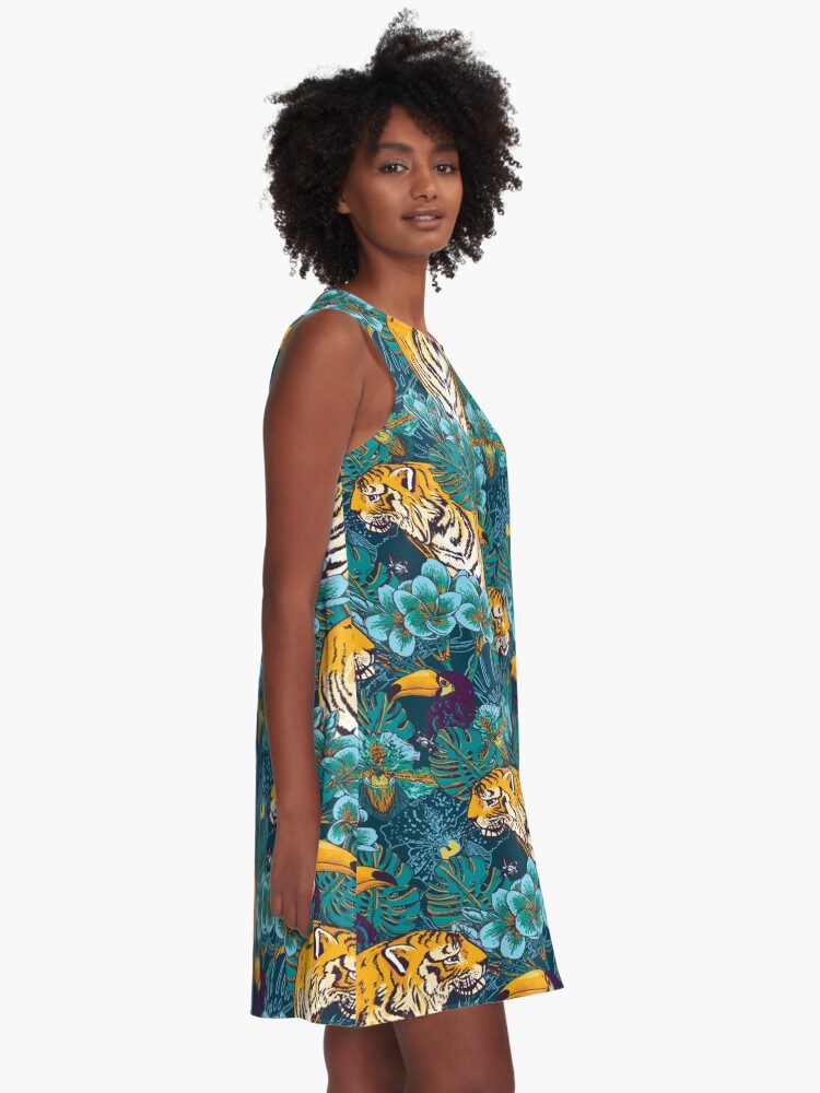 Alternate view of Tropical Pattern with Tiger, Toucan and Flowers // Blue Green Print A-Line Dress