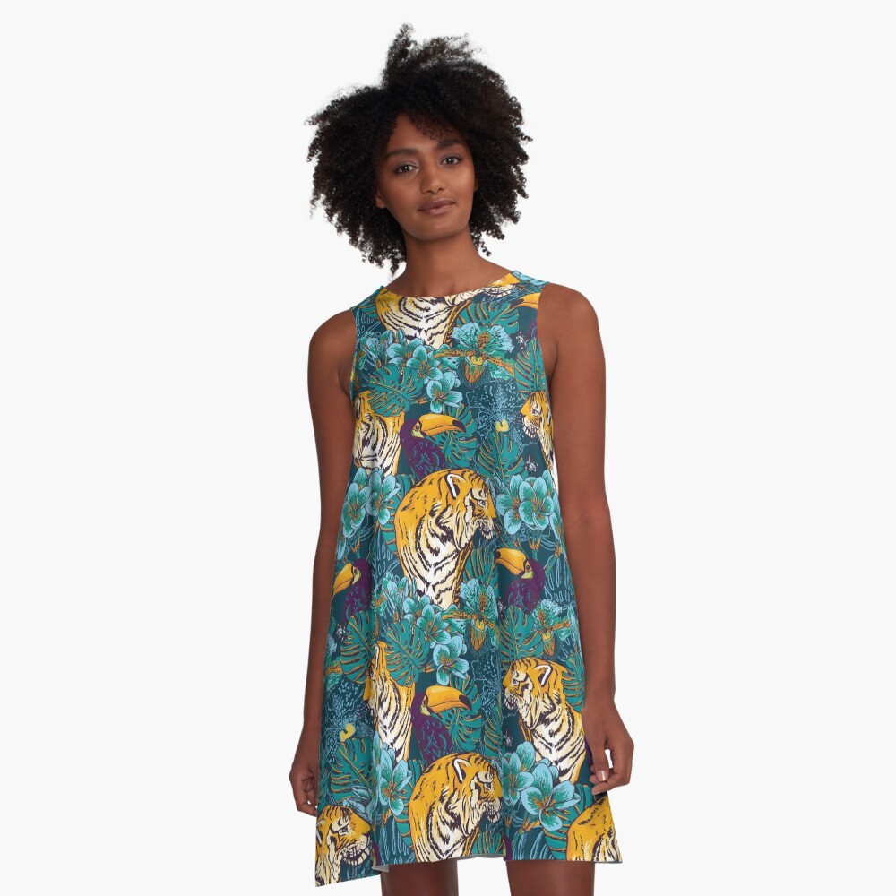 Tropical Pattern with Tiger, Toucan and Flowers // Blue Green Print A-Line Dress