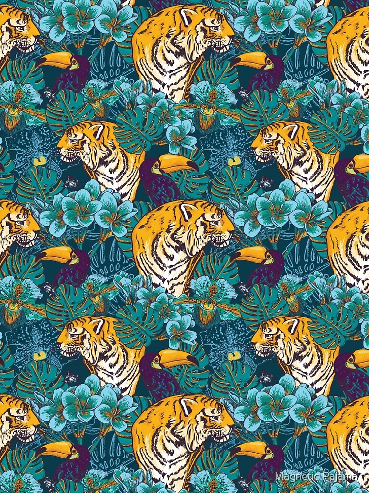 Tropical Pattern with Tiger, Toucan and Flowers // Blue Green Print by MagneticMama