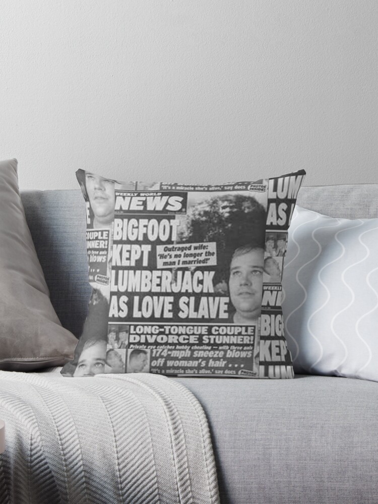 Weekly world enquirer tabloids ufo Bigfoot bazaar news story freaky ness paranormal Pillow for Sale by weird83 Redbubble