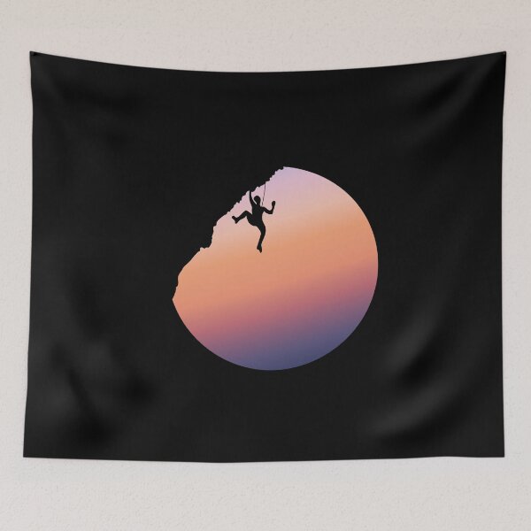 Artikelvorschau, Hängender Kletterer mit Sonnenuntergang. Klettern entworfen und verkauft von Boulder Design Co.