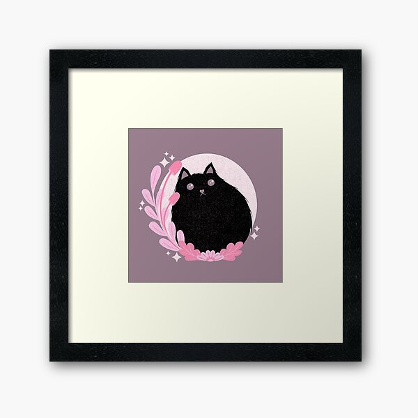 Black Cat with Mushrooms (Dark) Framed Art Print