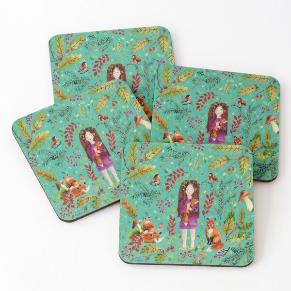 Item preview, Autumn Girl with Foxes Turqoise designed and sold by SandraArtStudio.