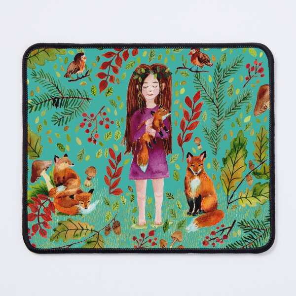 Item preview, Autumn Girl with Foxes Turqoise designed and sold by SandraArtStudio.
